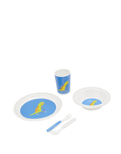 Joules Time To Dine Five Piece Melamine Dinner Set - Blue Dinosaur