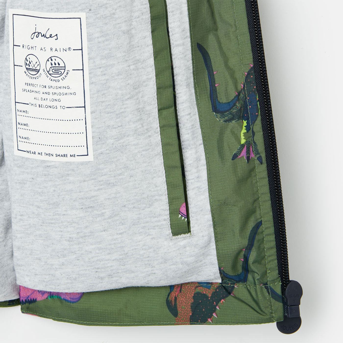 Joules Bayfield Waterproof Recycled Packable Jacket - Green Dino